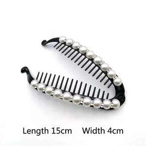 Barrette banane noire avec perles et strass, dimensions de 15cm sur 4cm