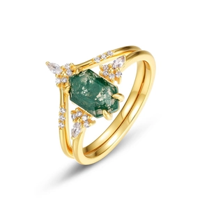 Unique gold moss agate ring set with hexagonal stone and s925 silver band for women