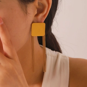 Square Stud Stainless Steel Tassel Earrings 18K Gold Plated Personalized Long Chain Retro Minimalist Style For Women