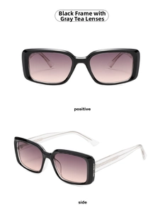 Detail of translucent black square sunglasses featuring gradient grey-brown lenses