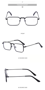 Three-way view of vintage black metal frame sunglasses with clear lenses and square rims