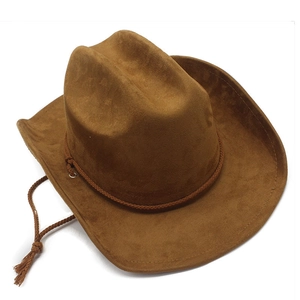 Detail of dark brown suede cowboy hat with braided rope strap and metal eyelets