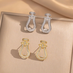 Stainless Steel Horseshoe Buckle Stud Earrings With Micro Pave Zircon Luxury Elegant Geometry Jewelry For Women