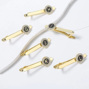 Gold round tie clips with black initials G to L and crystal rhinestones for men shirts