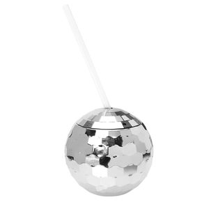 Silver disco ball drinking cup with straw featuring mirror reflective surface on white background