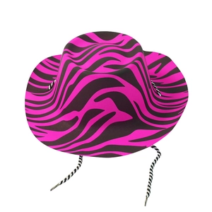 Detail of western cowboy hat featuring rose red and black zebra stripes with chin cord