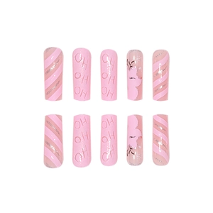 Christmas theme long press-on nails featuring reindeer patterns and Ho Ho Ho text design