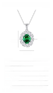 Detail view of S925 silver necklace with 10x8mm oval emerald-cut green stone and dimensions