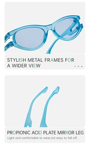 Detail view of transparent blue oval sunglasses featuring hollow temples and metal hinges