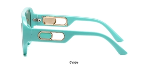 Close-up of mint green oversized sunglasses with gold oval hollow metal hinge detail