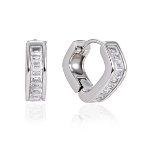 U-shaped silver heart earrings with rectangular zircons on a white reflective base