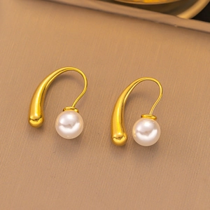 Elegant gold drop earrings with white pearls featuring a minimalist hook design for women