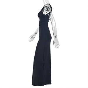 Side view of elegant black sleeveless backless slim fit evening maxi dress on mannequin