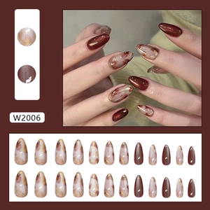 Cat eye amber press on nails with gold foil marble texture 24pcs set W2006