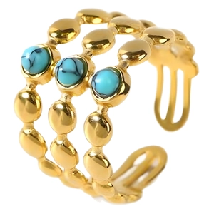 Three-layer gold stainless steel open ring featuring multiple round turquoise stones
