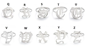 Detailed catalog of silver Gothic uppercase letter rings from Q to Z in a set