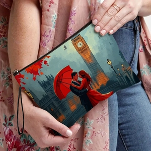 Chic Eiffel Tower print makeup bag with zipper closure held by model in casual street style