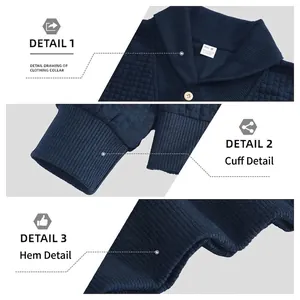 Navy blue waffle knit long sleeve henley for men featuring lapel and ribbed details