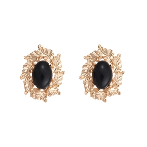 Vintage gold leaf earrings with oval black stone in elegant retro geometric style