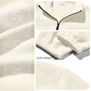 White heavy 380g polar fleece stand collar jacket with high-quality stitching detail