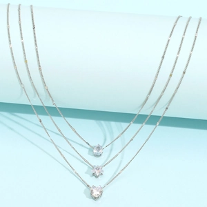 Three-layer silver necklace set with teardrop, star and heart crystal pendants