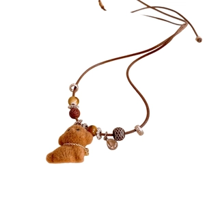 Flocked wooden beaded puppy pendant necklace with brown woven cord for women sweater chain