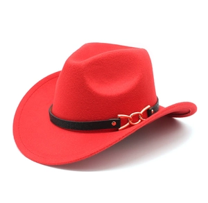 Classic red wool fedora western cowboy hat with wide brim and gold chain link belt