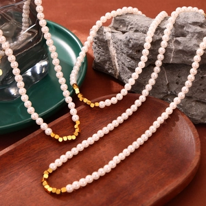 Retro Hepburn Style Stainless Steel Imitation Artificial Pearl Necklace Golden Cube Spacers Elegant Beaded Jewelry For Women