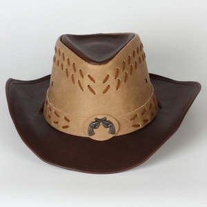 Two-tone western cowboy hat in khaki and dark brown with cross revolver metal buckle