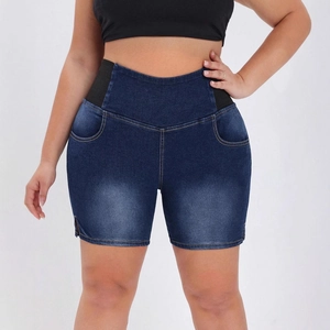 Women's plus size high waisted denim shorts in dark blue with wide black elastic waistband
