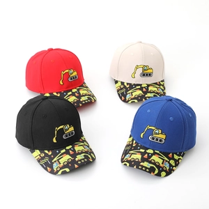 Detail of four colorful kids baseball caps featuring excavator embroidery and prints