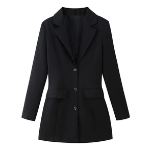 Elegante abito blazer nero a maniche lunghe con scollo a V e vestibilità slim in vita