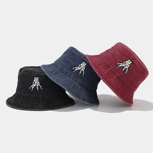 Washed Cotton Bucket Hat Embroidered Hand Design Vintage Distressed Sun Protection Outdoor Casual Gothic Style Cap
