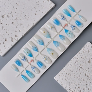 24pcs blue gradient press-on nails with 3D flowers, snowflakes, and water droplet designs