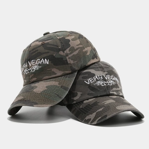 Distressed camo baseball caps with Very Vegan embroidery in a pack of two pieces