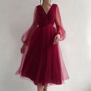 Elegant wine red mesh V-neck mini dress with long lantern sleeves and cinched waist