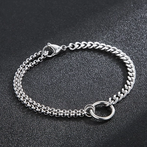Spliced Chain Bracelet Stainless Steel Curb And Double Layer Link With Central Ring Unisex Industrial Style Jewelry