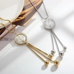 Minimalist long sweater necklace with crystal ring pendant and beaded tassels in gold and silver