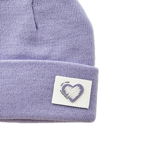 Winter light purple knit hat with white heart patch for children in warm double-layer style