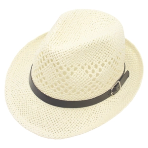 Chapeau Fedora en paille tressée crème pour hommes avec ceinture fine en cuir noir et boucle