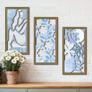 Abstract Matisse style cutout wooden wall decor featuring floral art in blue and white