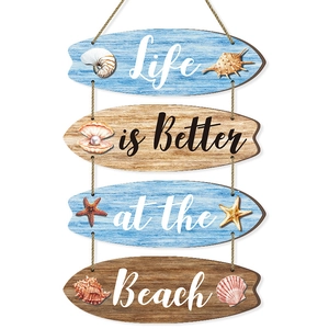 Wooden surfboard wall hanging decoration with sea shells and Beach life quote
