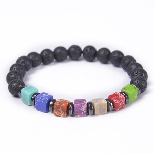 Detailed macro shot of square chakra stones and black lava beads on elastic yoga bracelet