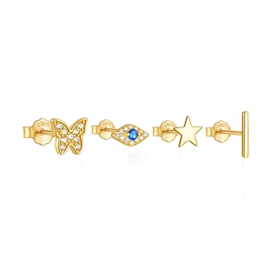 Detail of S925 sterling silver butterfly and evil eye stud earrings set with zircon