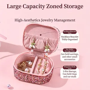 Pink sequin travel jewelry organizer box with multi-layer storage for rings and necklaces