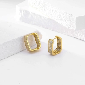 Elegant gold square sterling silver hoop earrings with shimmering cubic zirconia inlay