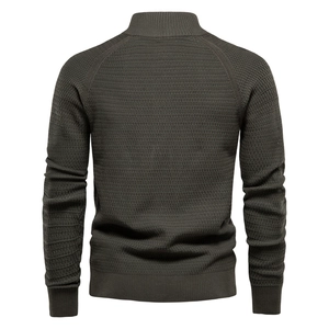 Back view of men's dark olive knitted cardigan with waffle texture and stand collar