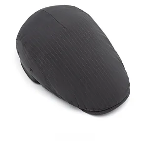 Top view of dark grey flat cap with white vertical pinstripes and metal air vents detail