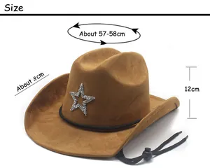 Detailed size chart for brown suede cowboy hat with silver star and chin strap