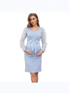 Vestito Premaman Pizzo Mesh Maniche Lunghe Con Ricamo Fiori 3D Girocollo Slim Fit Lato Increspato Elegante Per Gravidanza